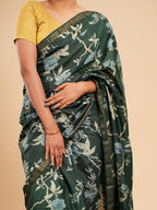 Mrinalini Block Print Saree Dark Green