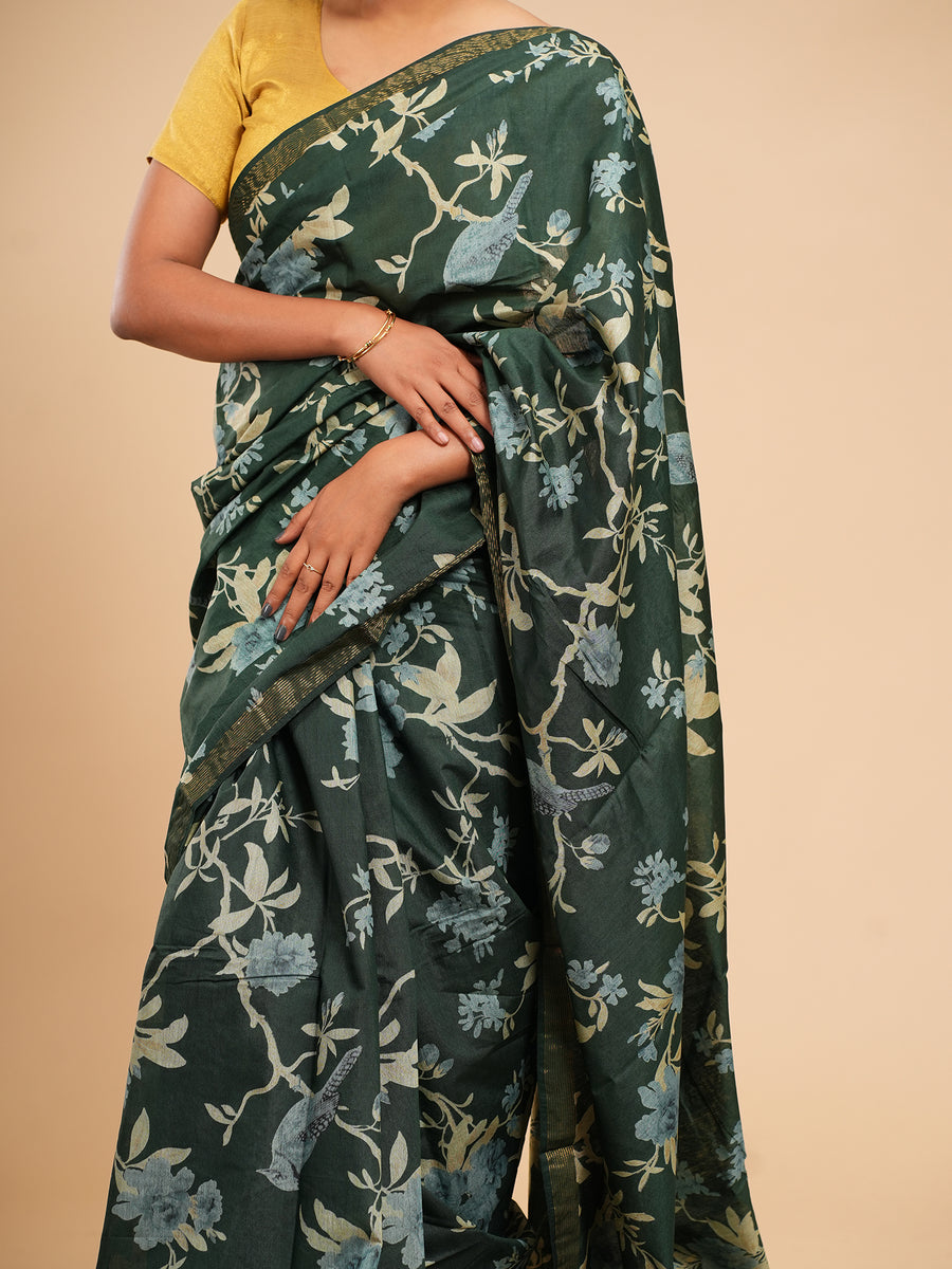 Dark green floral block-print saree, styled view – Koshnika