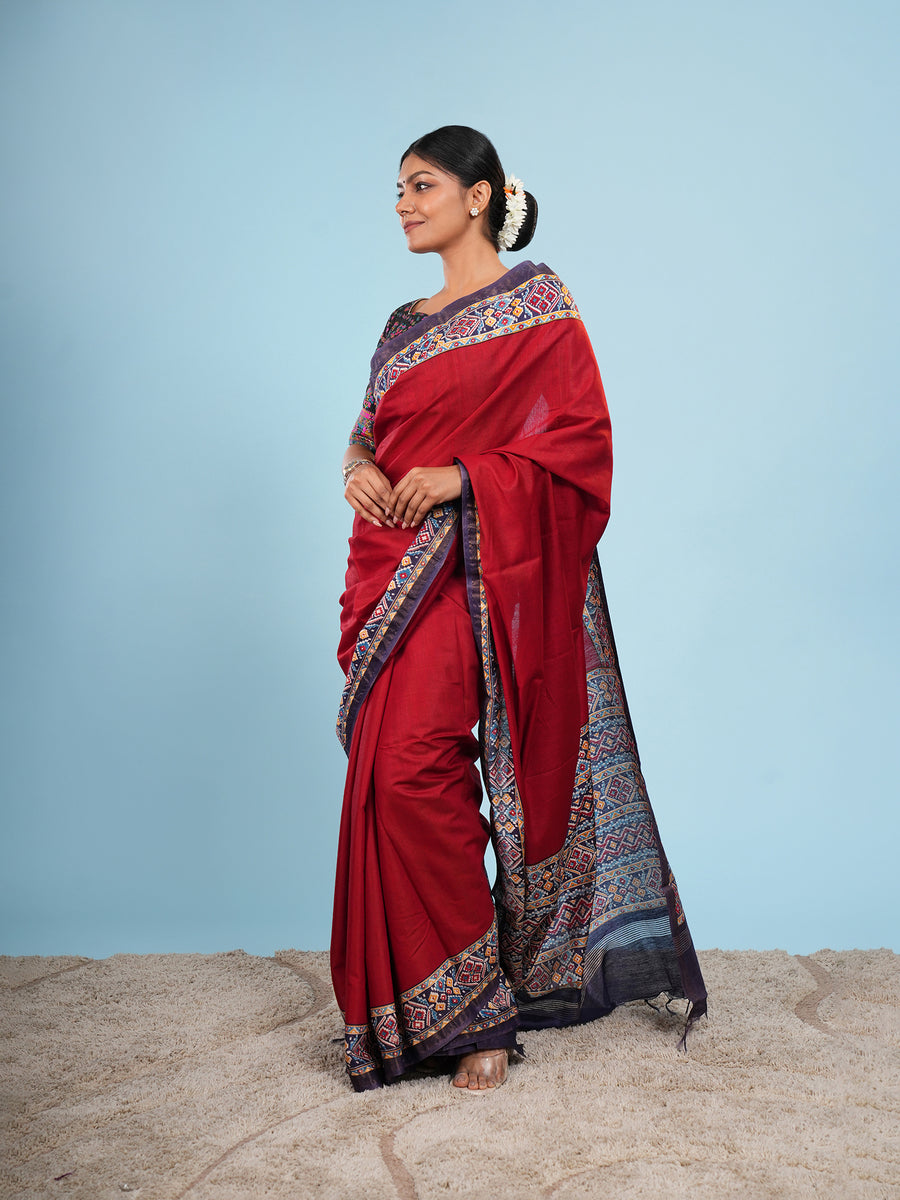 Red Modal Patola-border print saree, Patola border close-up – Koshnika