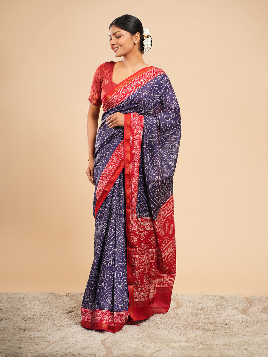 Midnight blue Modal Bandhni-print saree, red border – Koshnika