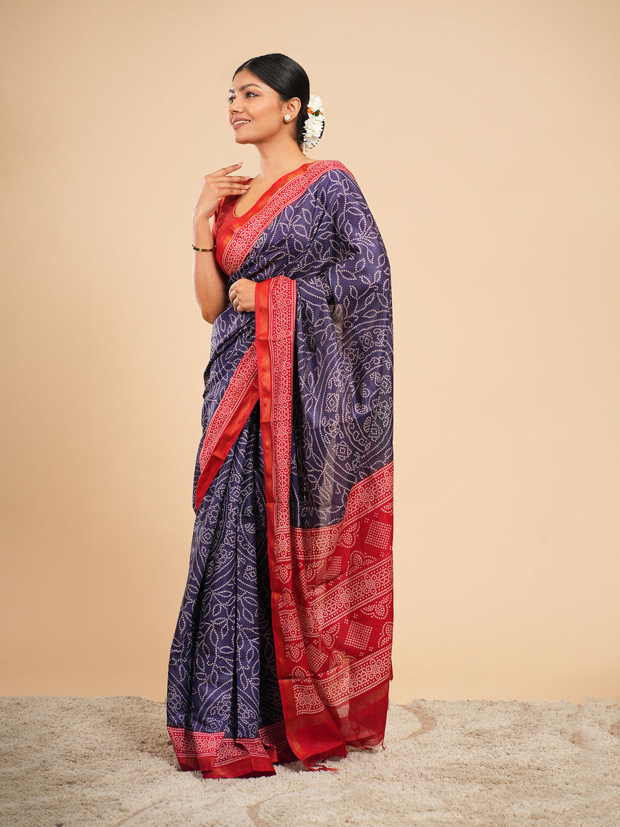 Midnight blue Modal Bandhni-print saree, red border detail – Koshnika