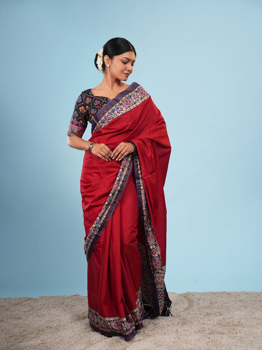 Red Modal Patola-border print saree, full-length drape – Koshnika