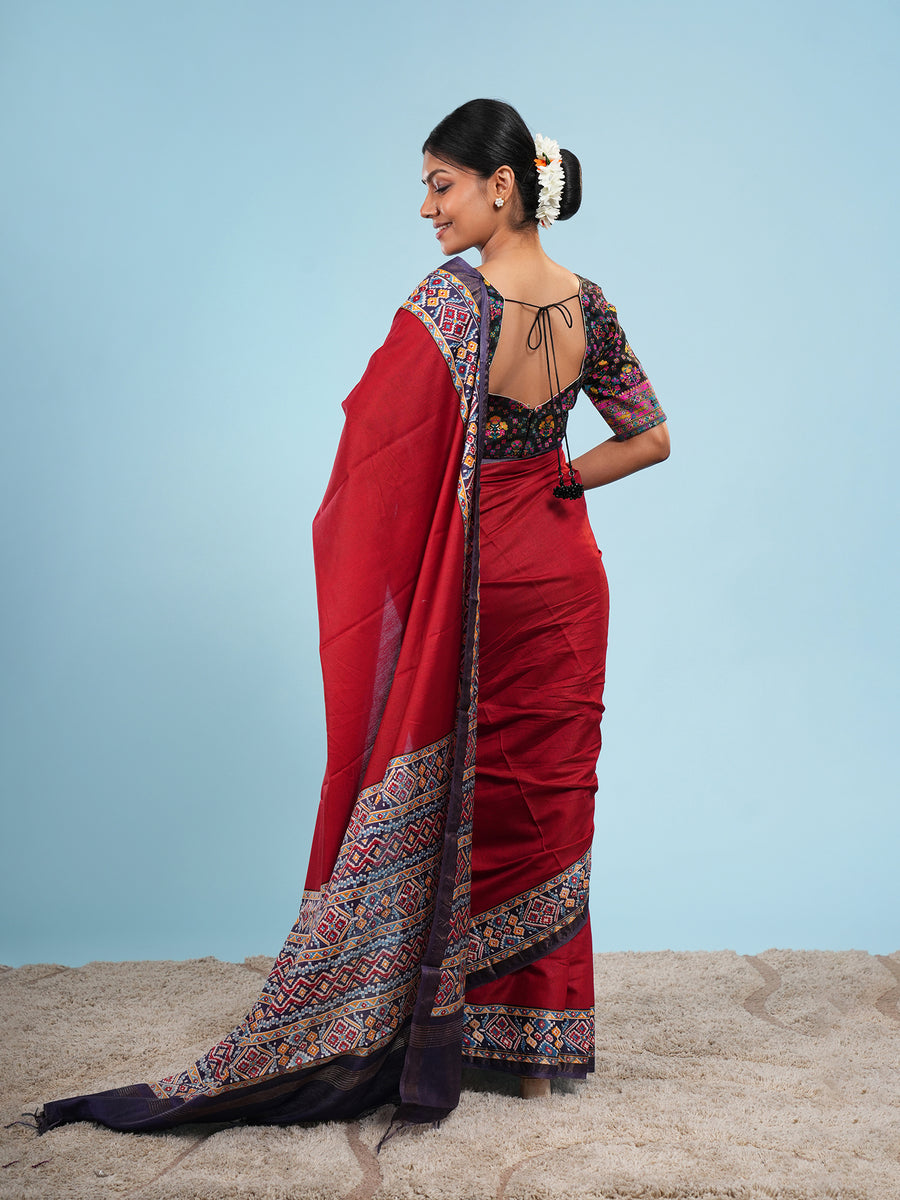 Red Modal Patola-border print saree, pallu detail – Koshnika