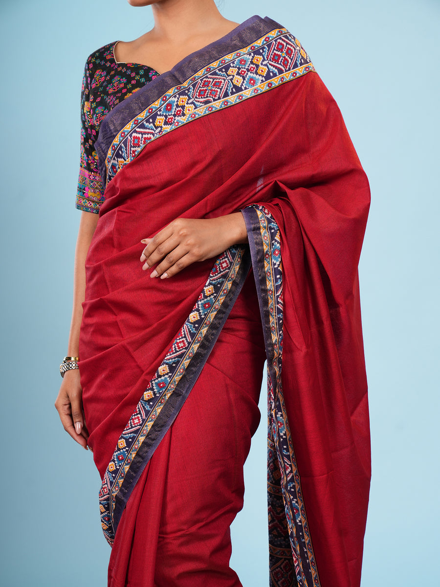 Red Modal Patola-border print saree, fabric texture close-up – Koshnika
