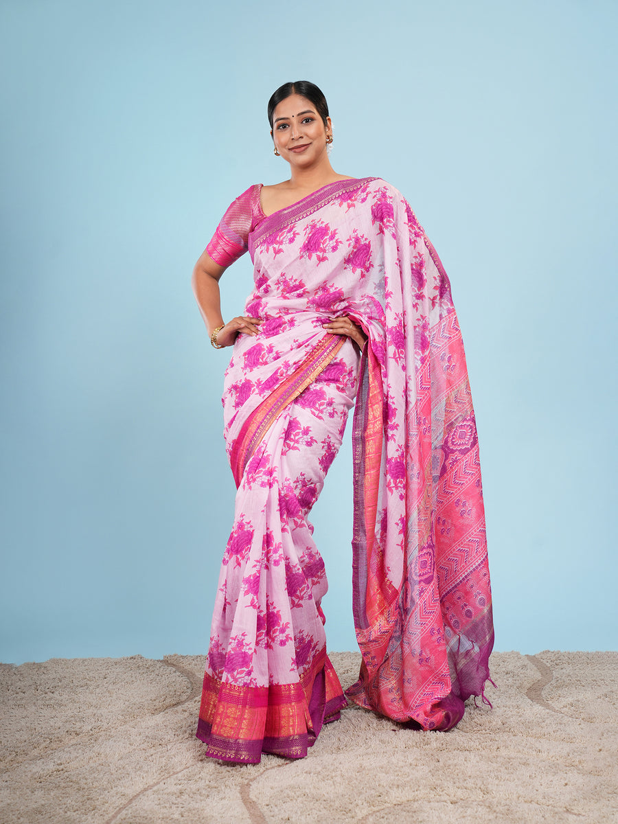 Pink Vegan Silk floral print saree, jacquard border – Koshnika