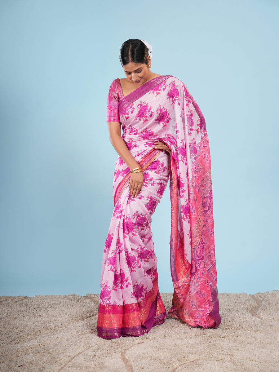 Pink Vegan Silk floral print saree, jacquard border detail – Koshnika