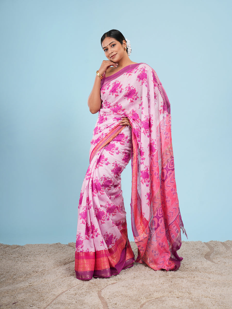 Pink Vegan Silk floral print saree, drape and fall – Koshnika