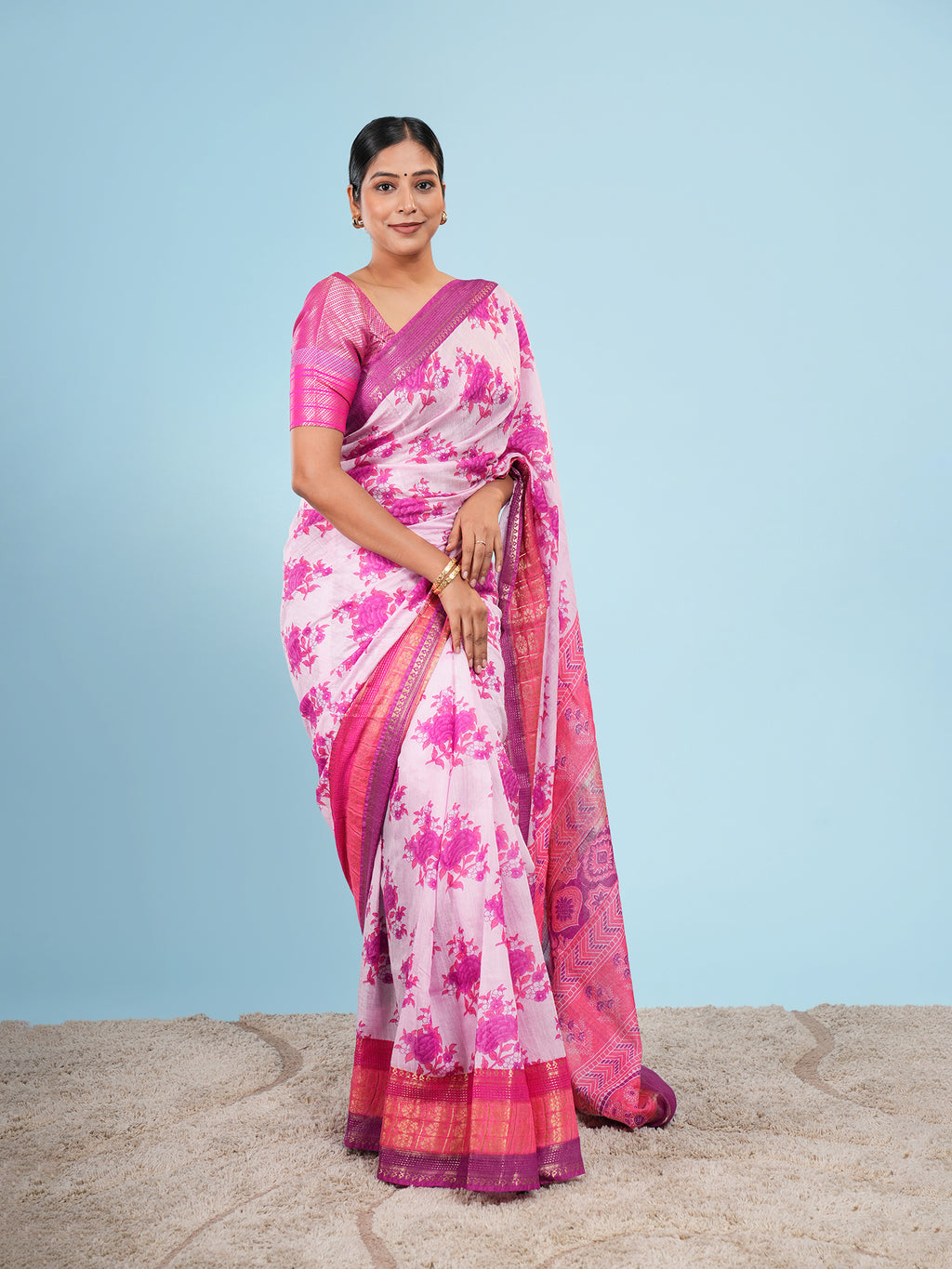 Pink Viscose Floral Jacquard Border Saree