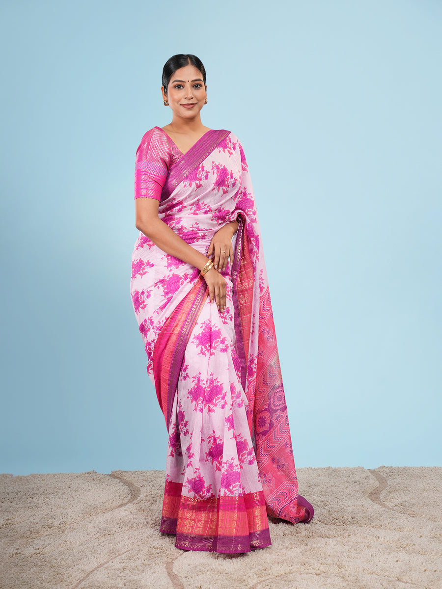 Pink Vegan Silk floral print saree, floral print close-up – Koshnika