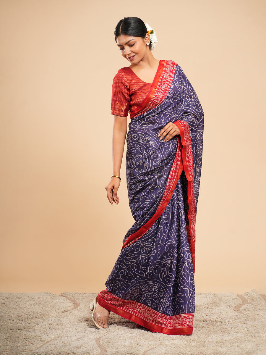 Midnight blue Modal Bandhni-print saree, drape and fall – Koshnika