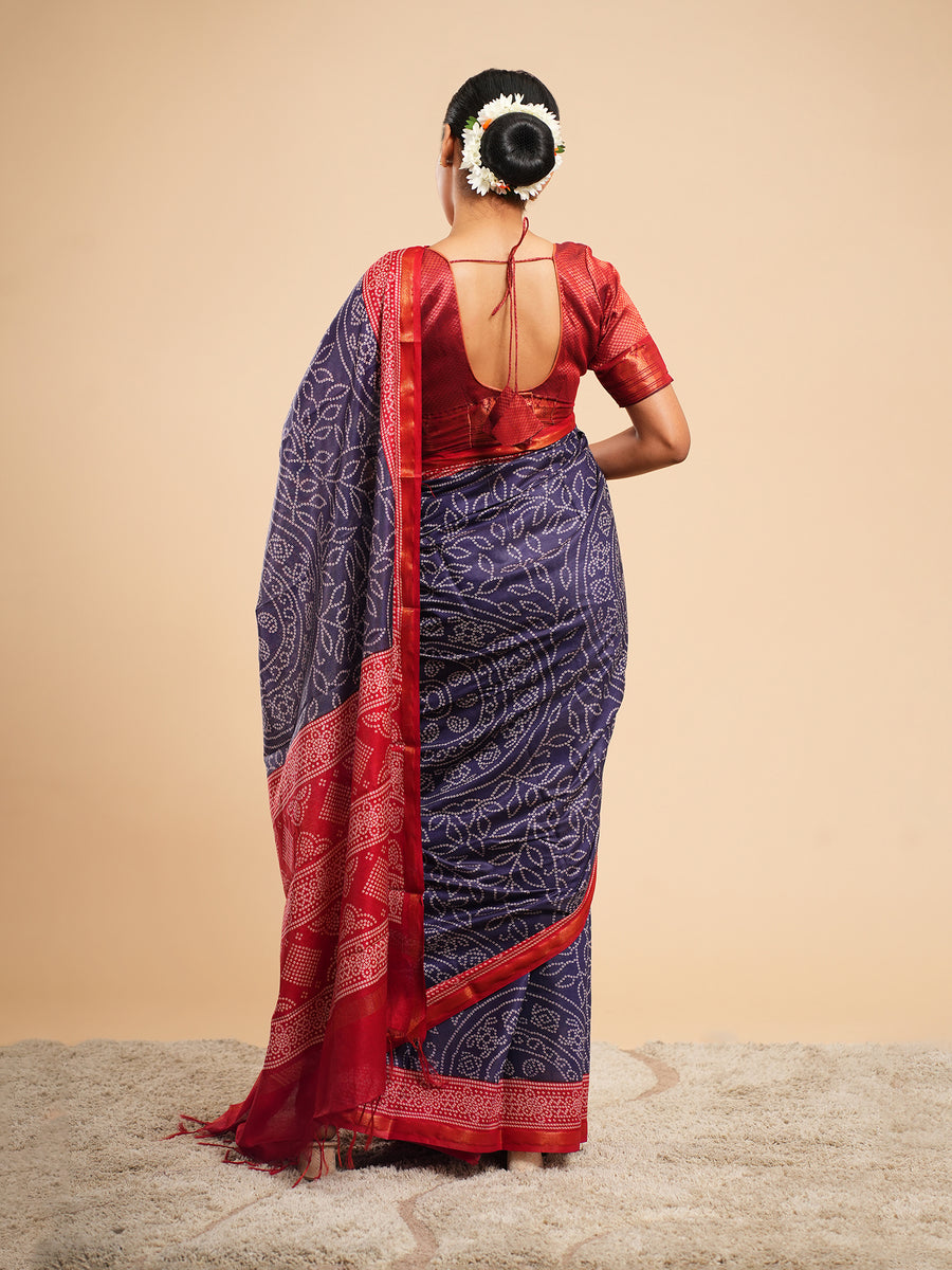 Midnight blue Modal Bandhni-print saree, Bandhni dot close-up – Koshnika