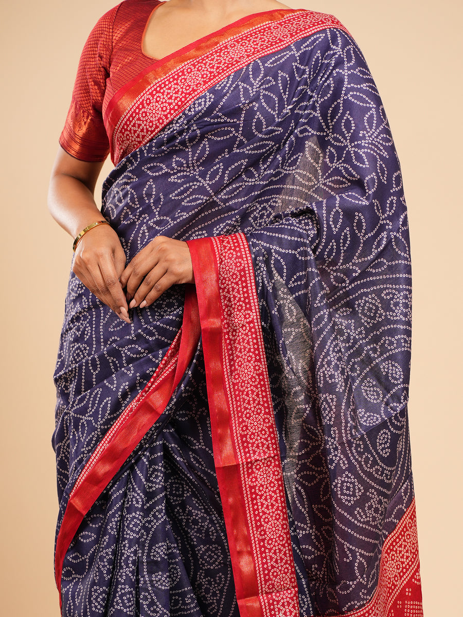 Midnight blue Modal Bandhni-print saree, full-length drape – Koshnika