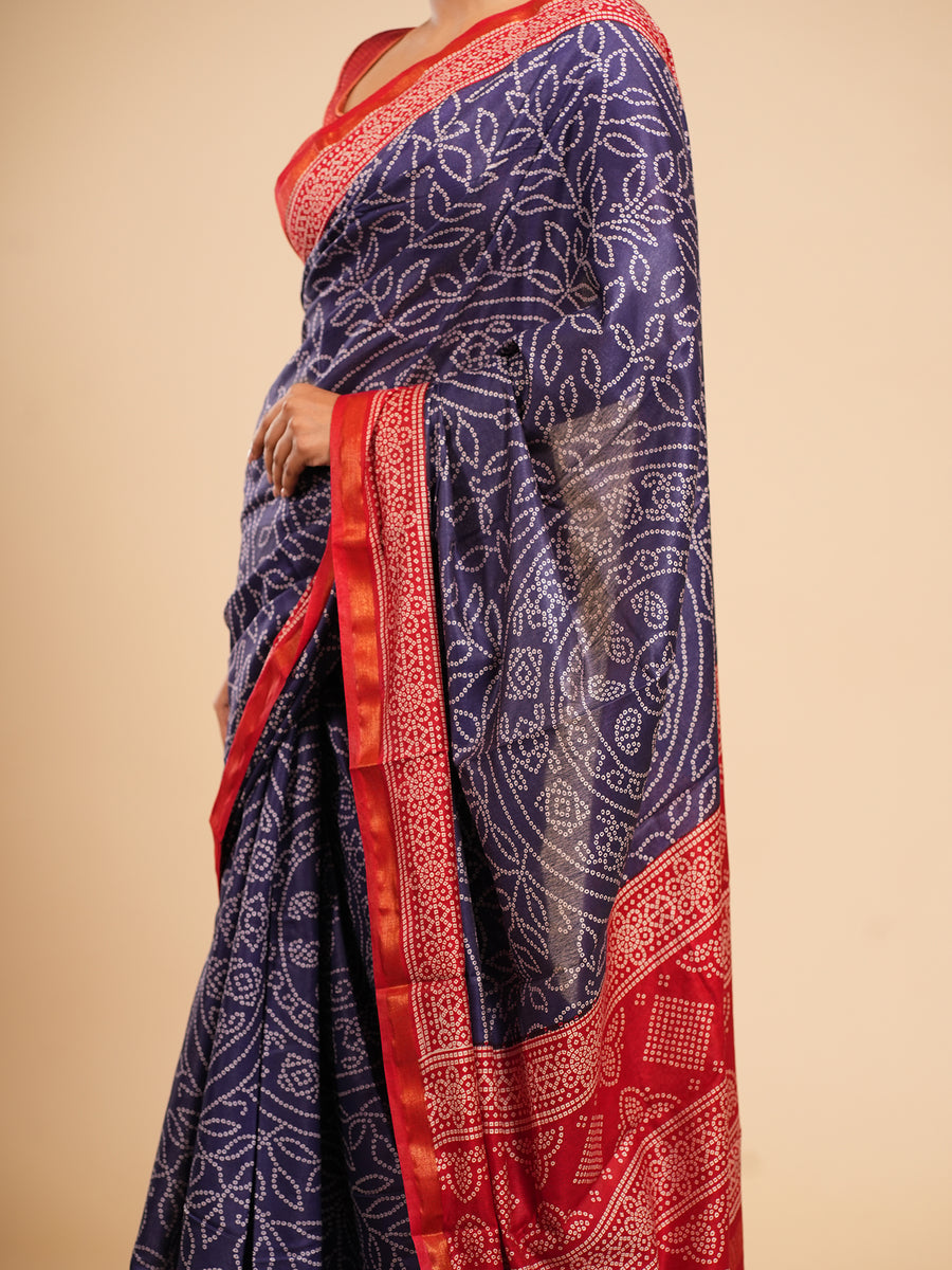 Midnight blue Modal Bandhni-print saree, styled view – Koshnika