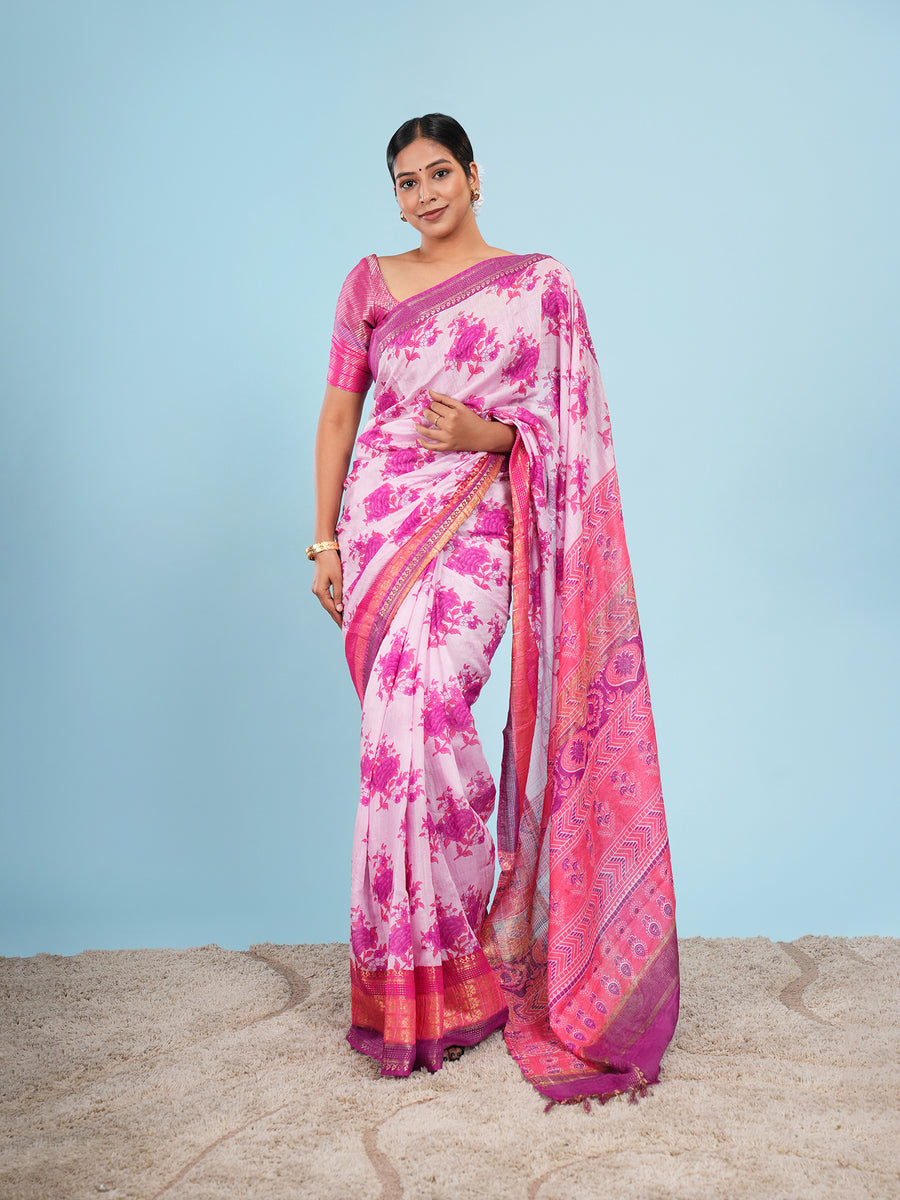 Pink Vegan Silk floral print saree, pallu detail – Koshnika