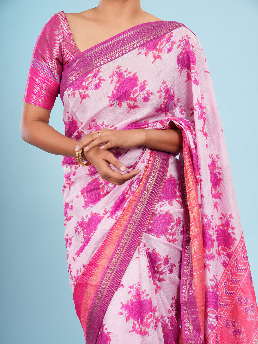 Pink Vegan Silk floral print saree, viscose fabric texture close-up – Koshnika