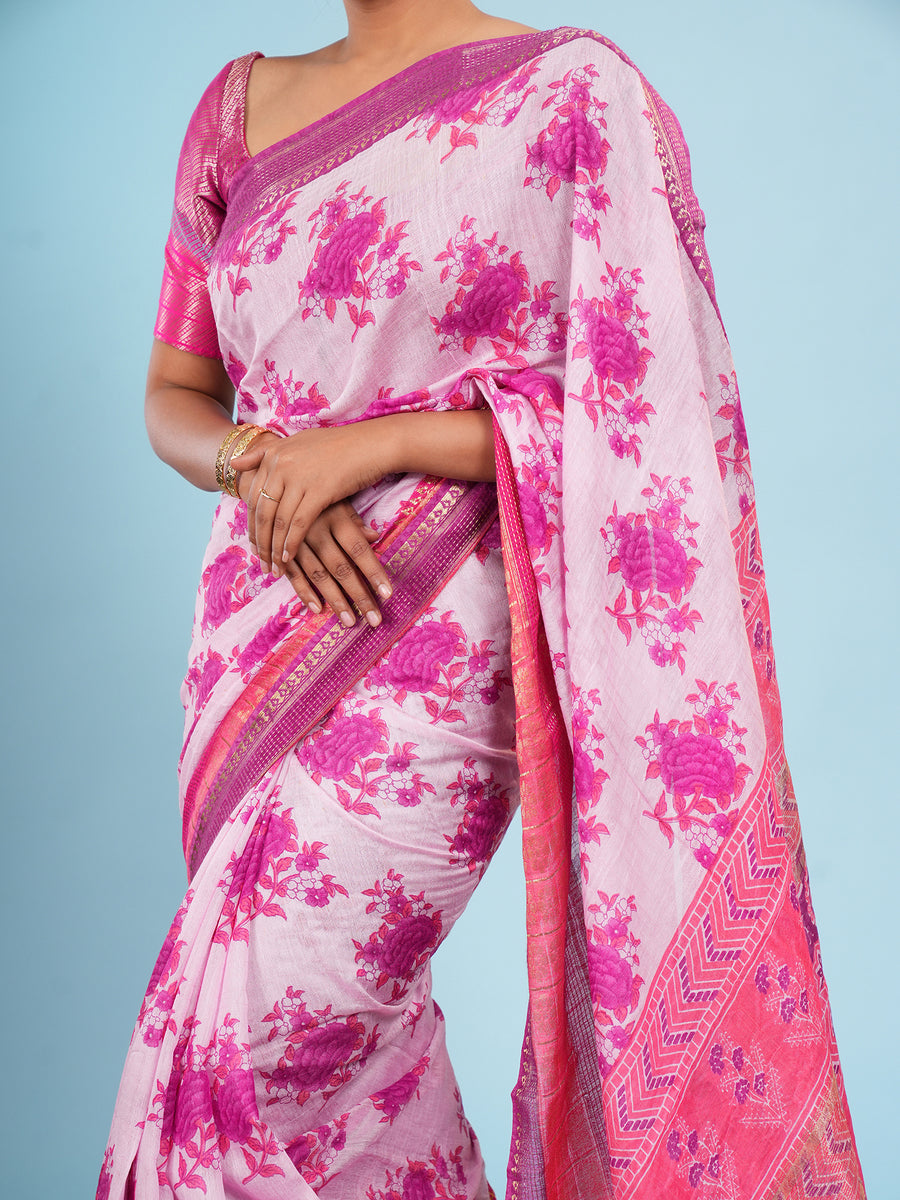 Pink Vegan Silk floral print saree, styled view – Koshnika