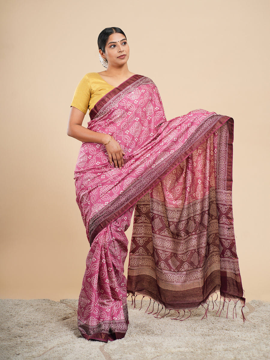 Rose pink Modal Bandhni-print saree – Koshnika