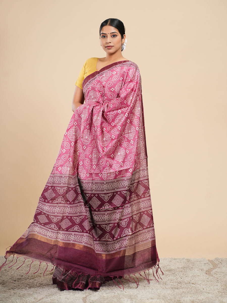 Rose pink Modal Bandhni-print saree, border detail – Koshnika