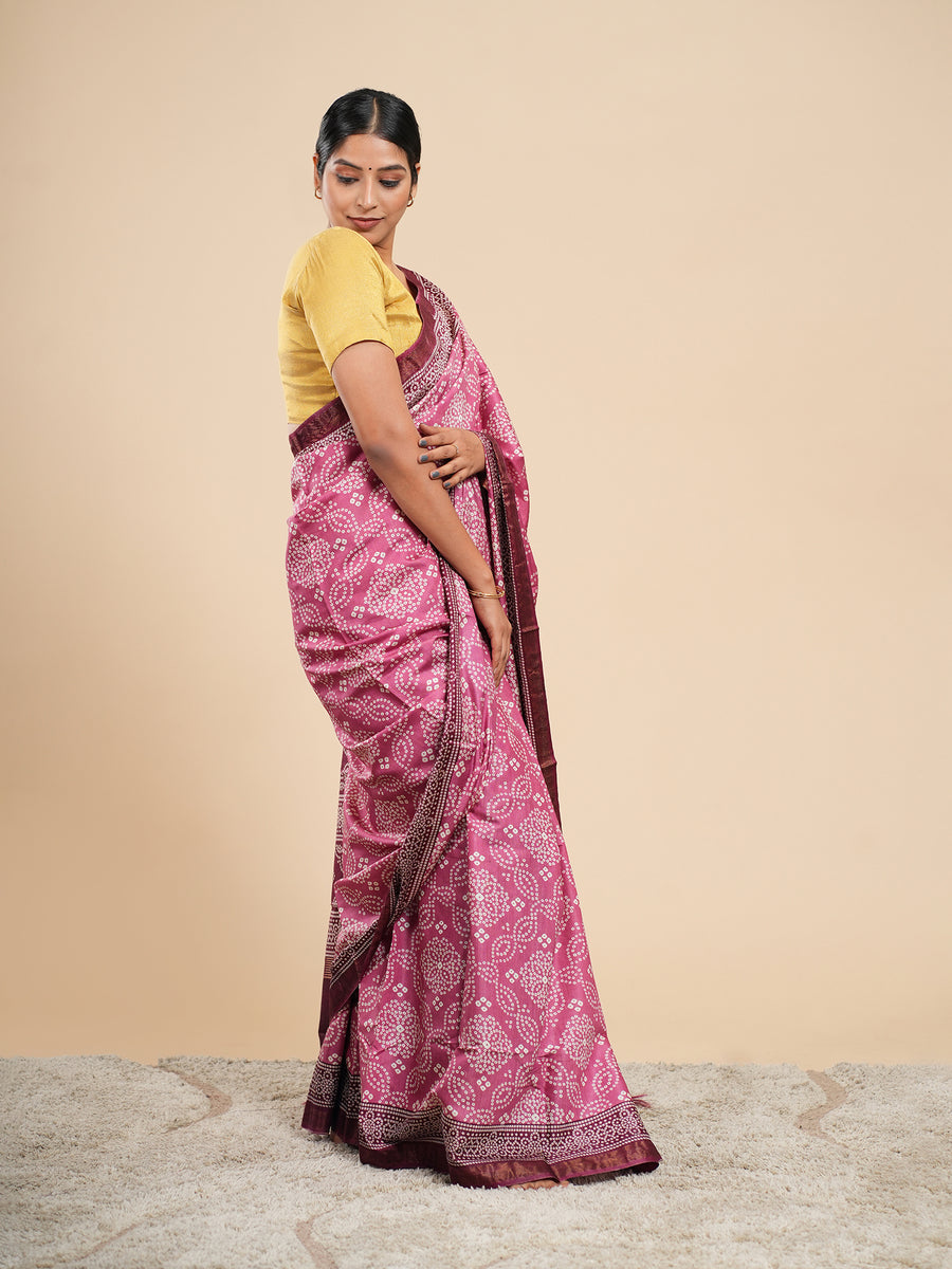 Rose pink Modal Bandhni-print saree, drape and fall – Koshnika