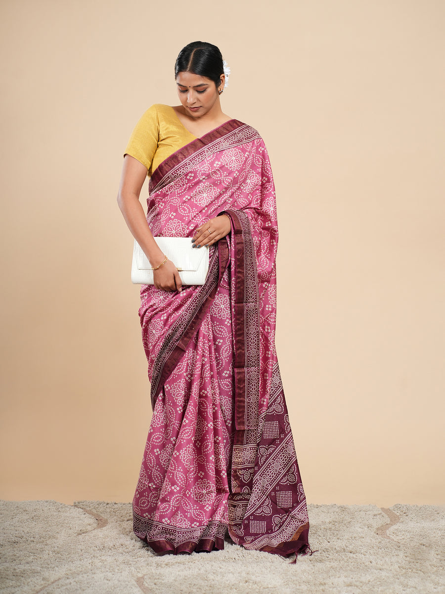 Rose pink Modal Bandhni-print saree, full-length drape – Koshnika