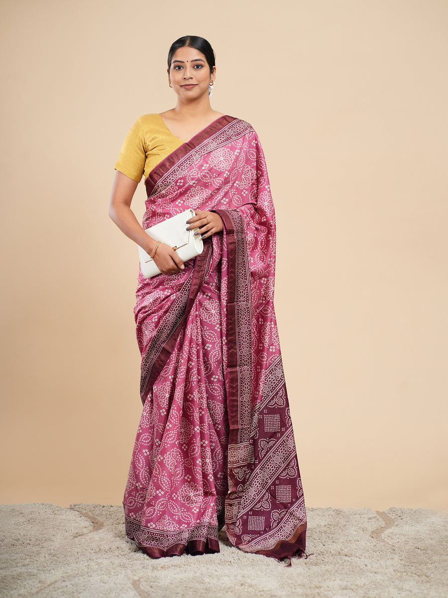 Rose pink Modal Bandhni-print saree, pallu detail – Koshnika