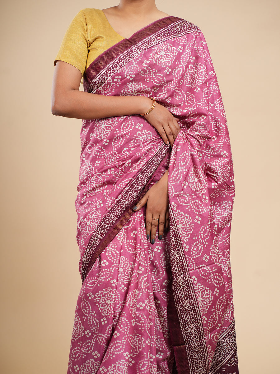 Rose pink Modal Bandhni-print saree, fabric texture close-up – Koshnika