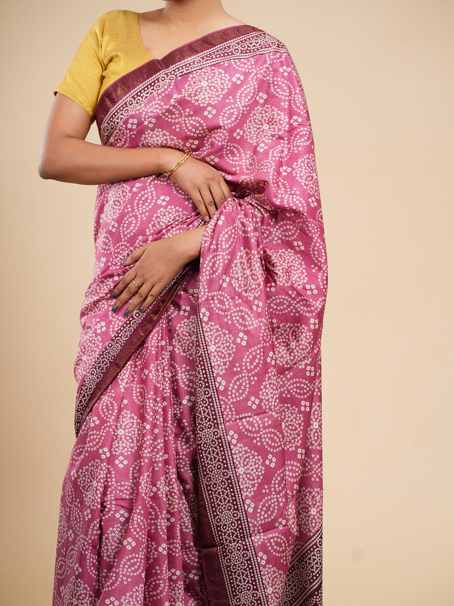 Rose pink Modal Bandhni-print saree, styled view – Koshnika