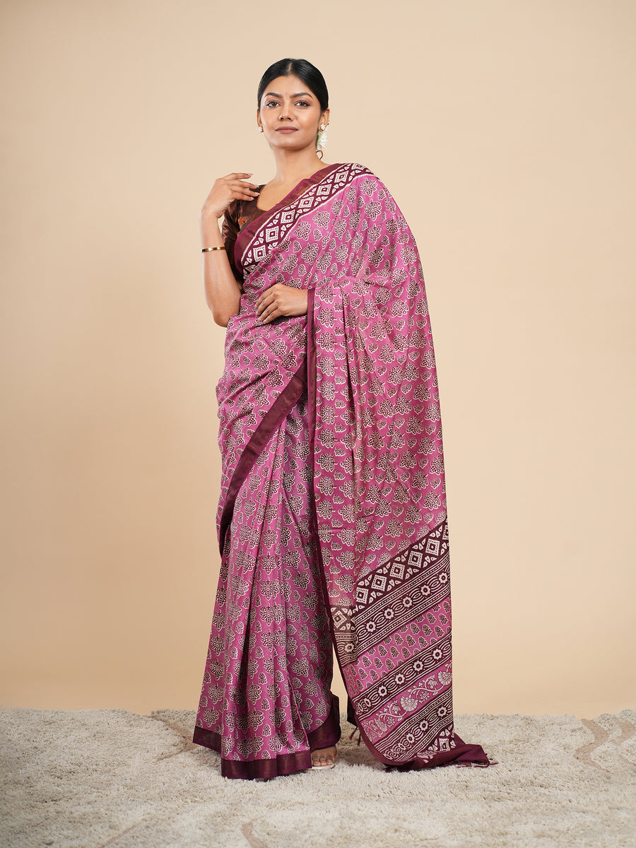 Pink Modal block-print saree – Koshnika
