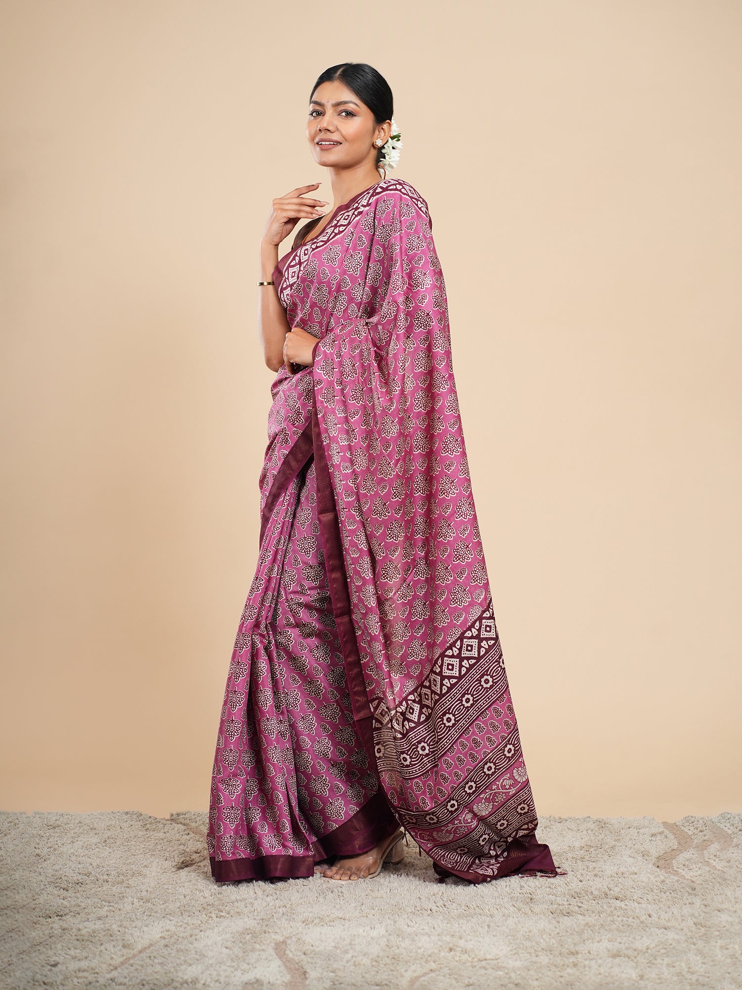 Modal Block Print Saree Pink