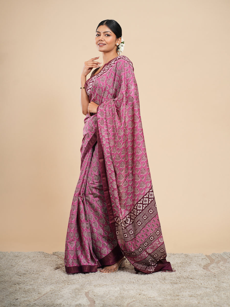 Pink Modal block-print saree, border detail – Koshnika