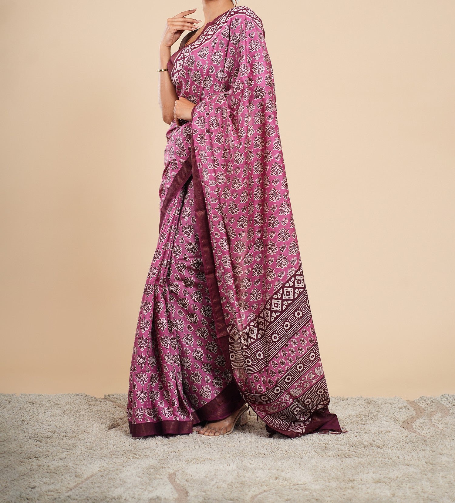 Modal Block Print Saree Pink