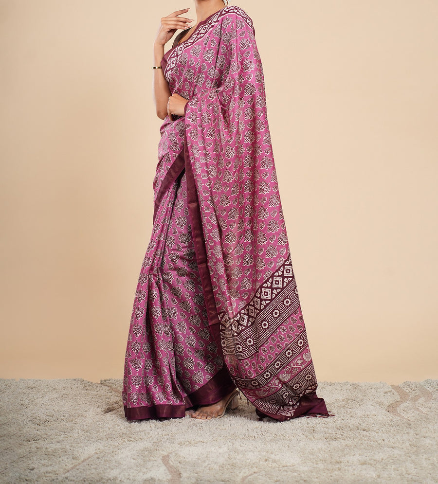 Pink Modal block-print saree, drape and fall – Koshnika