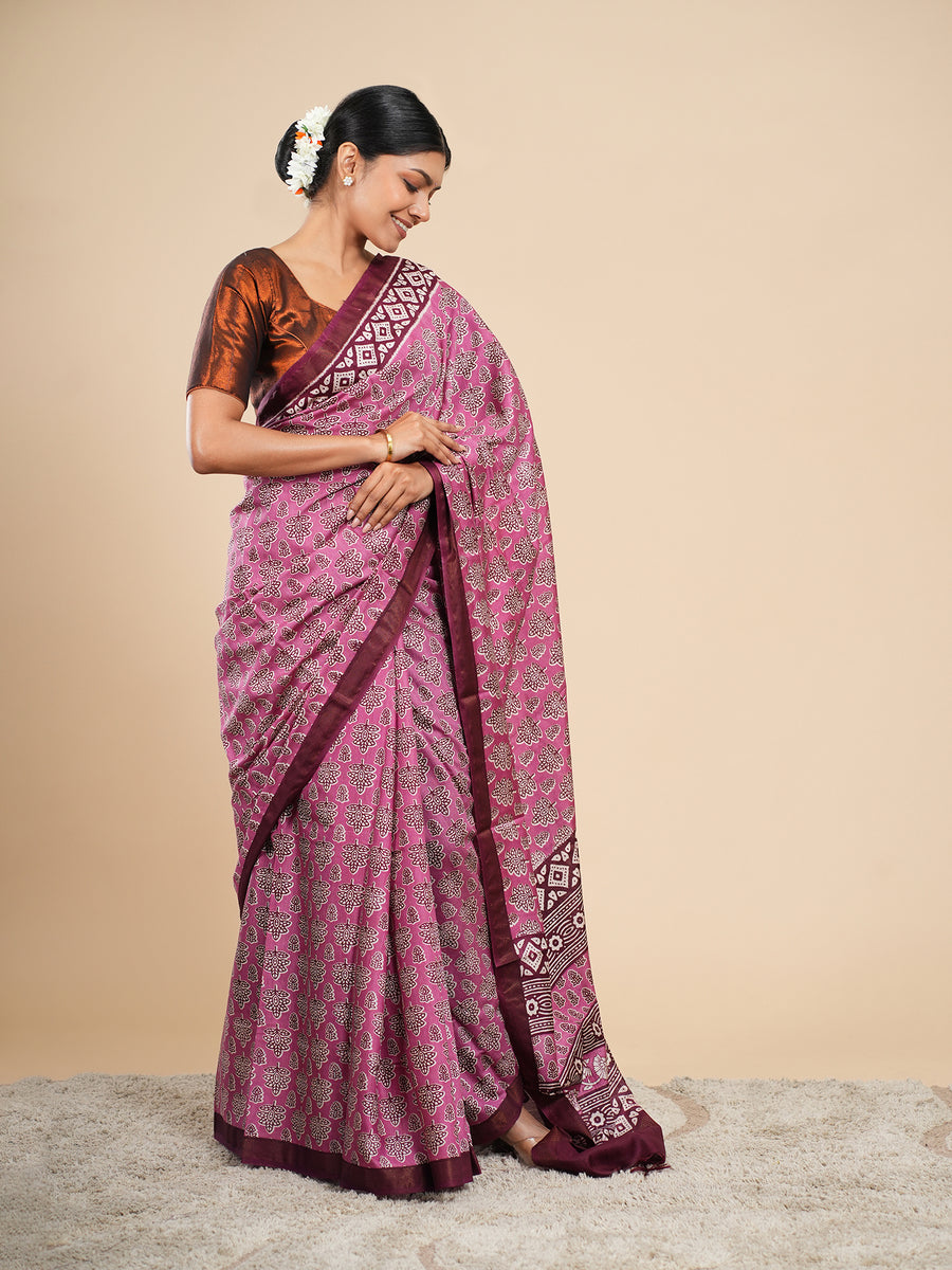 Pink Modal block-print saree, block motif close-up – Koshnika