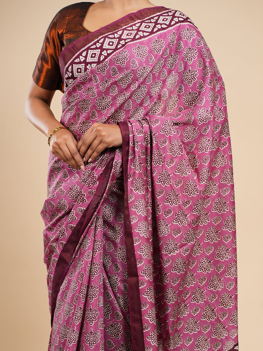 Pink Modal block-print saree, pallu detail – Koshnika