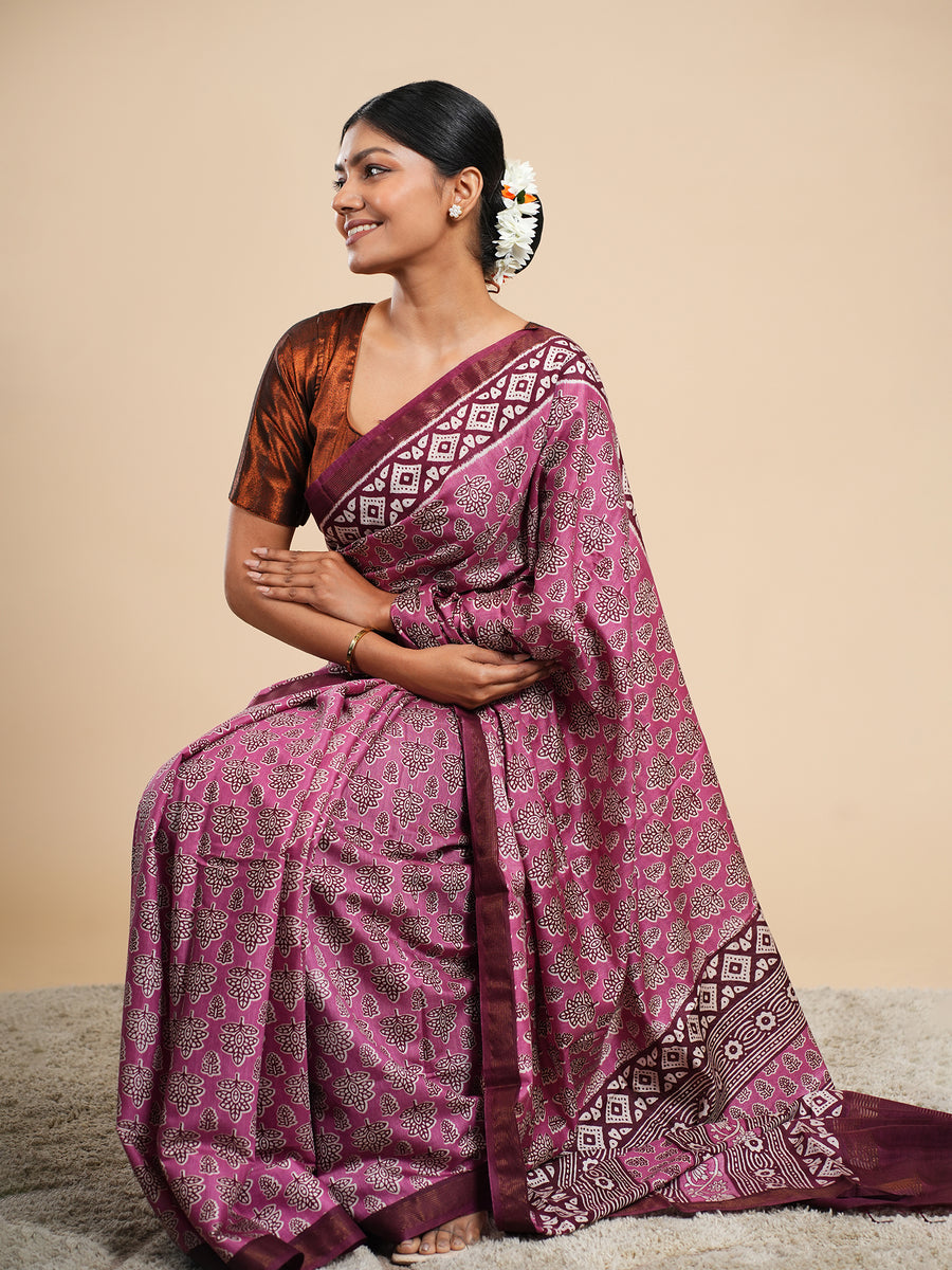 Pink Modal block-print saree, styled view – Koshnika