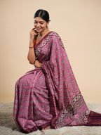 Modal Block Print Saree Pink