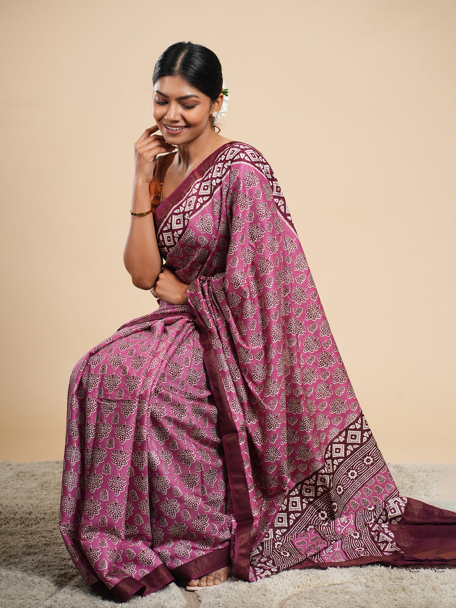 Pink Modal block-print saree, back view – Koshnika