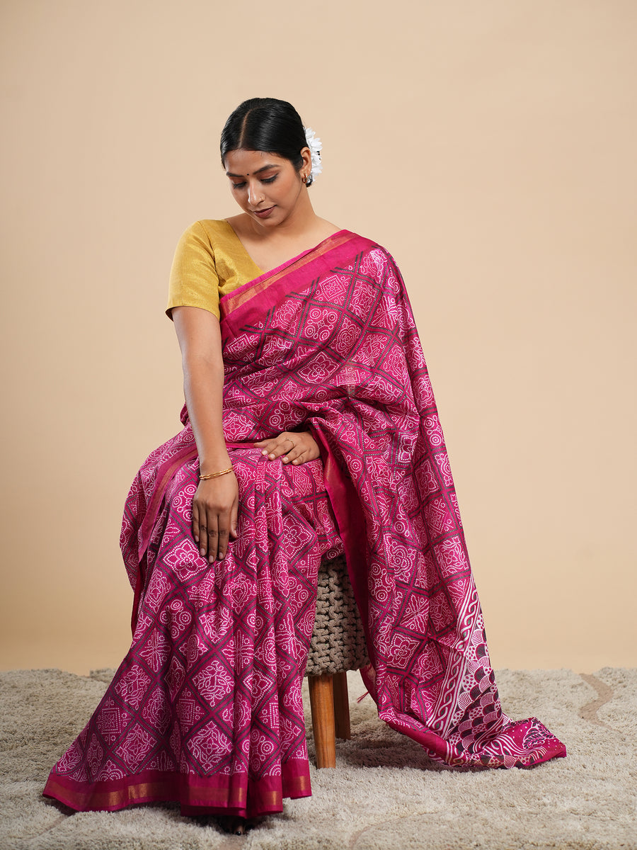 Magenta Chanderi Bandhni-print saree – Koshnika