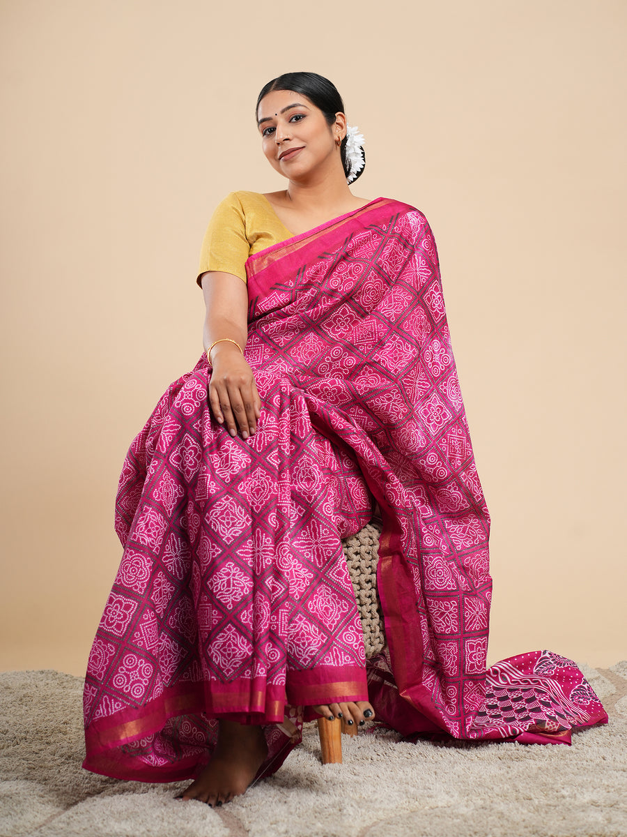 Magenta Chanderi Bandhni-print saree, border detail – Koshnika
