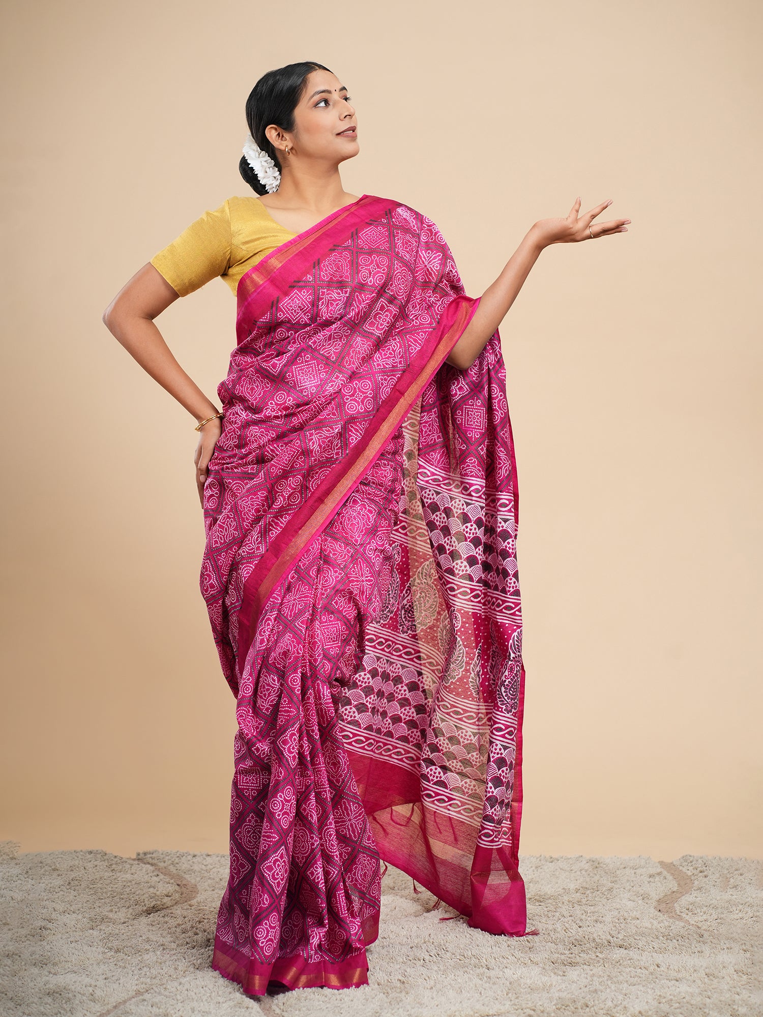 Viscose Chanderi Bandhni Print Saree Magenta