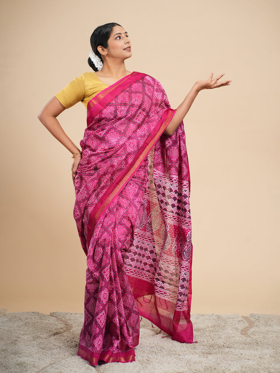 Magenta Chanderi Bandhni-print saree, drape and fall – Koshnika