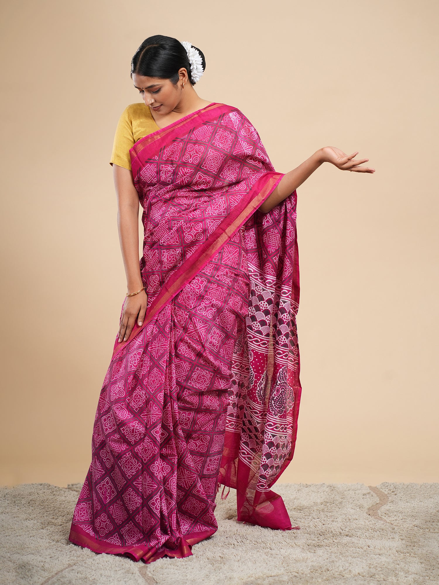 Viscose Chanderi Bandhni Print Saree Magenta