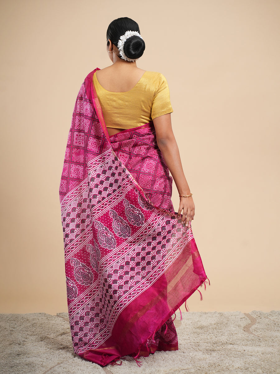 Magenta Chanderi Bandhni-print saree, pallu detail – Koshnika