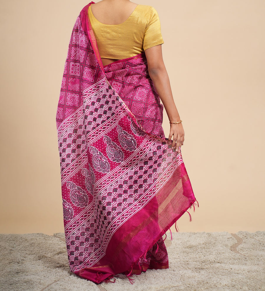 Magenta Chanderi Bandhni-print saree, fabric texture close-up – Koshnika