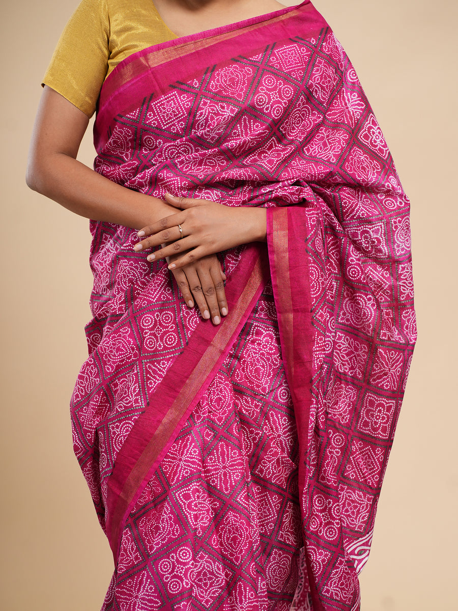 Magenta Chanderi Bandhni-print saree, styled view – Koshnika