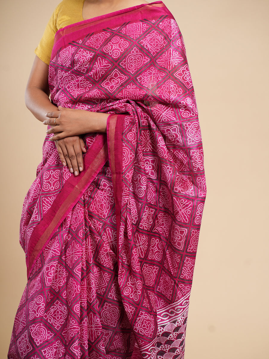 Magenta Chanderi Bandhni-print saree, back view – Koshnika