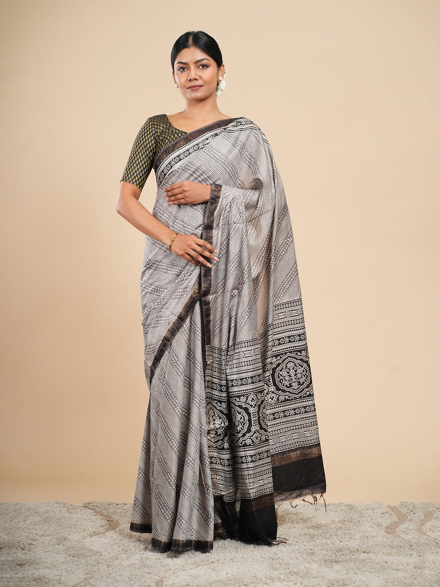 Silver grey Modal Bandhni-print saree – Koshnika