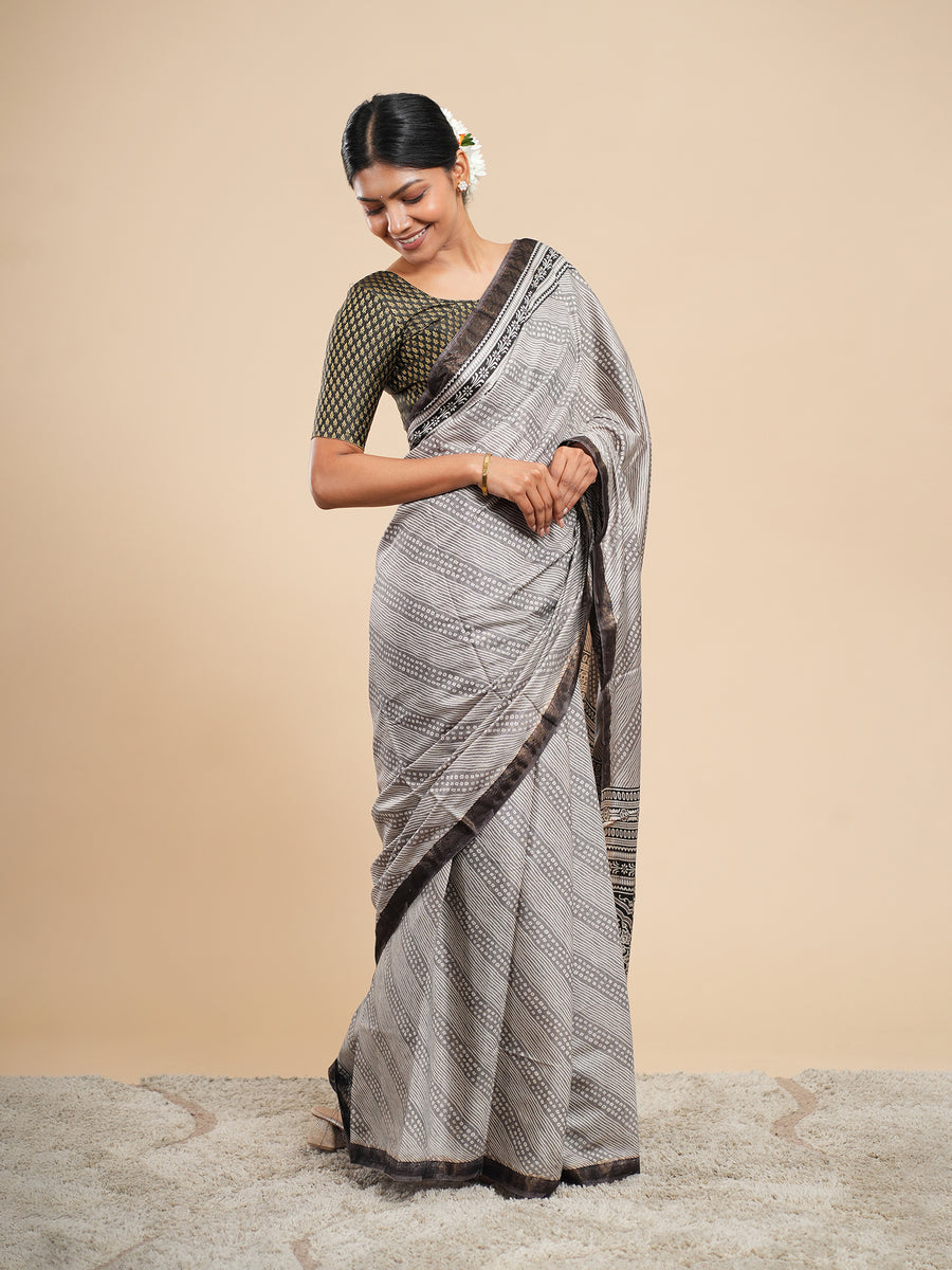 Silver grey Modal Bandhni-print saree, drape and fall – Koshnika