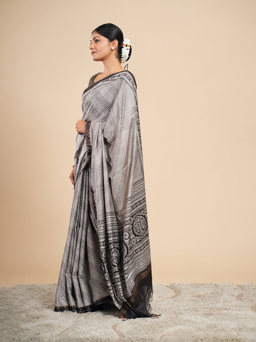 Silver grey Modal Bandhni-print saree, full-length drape – Koshnika