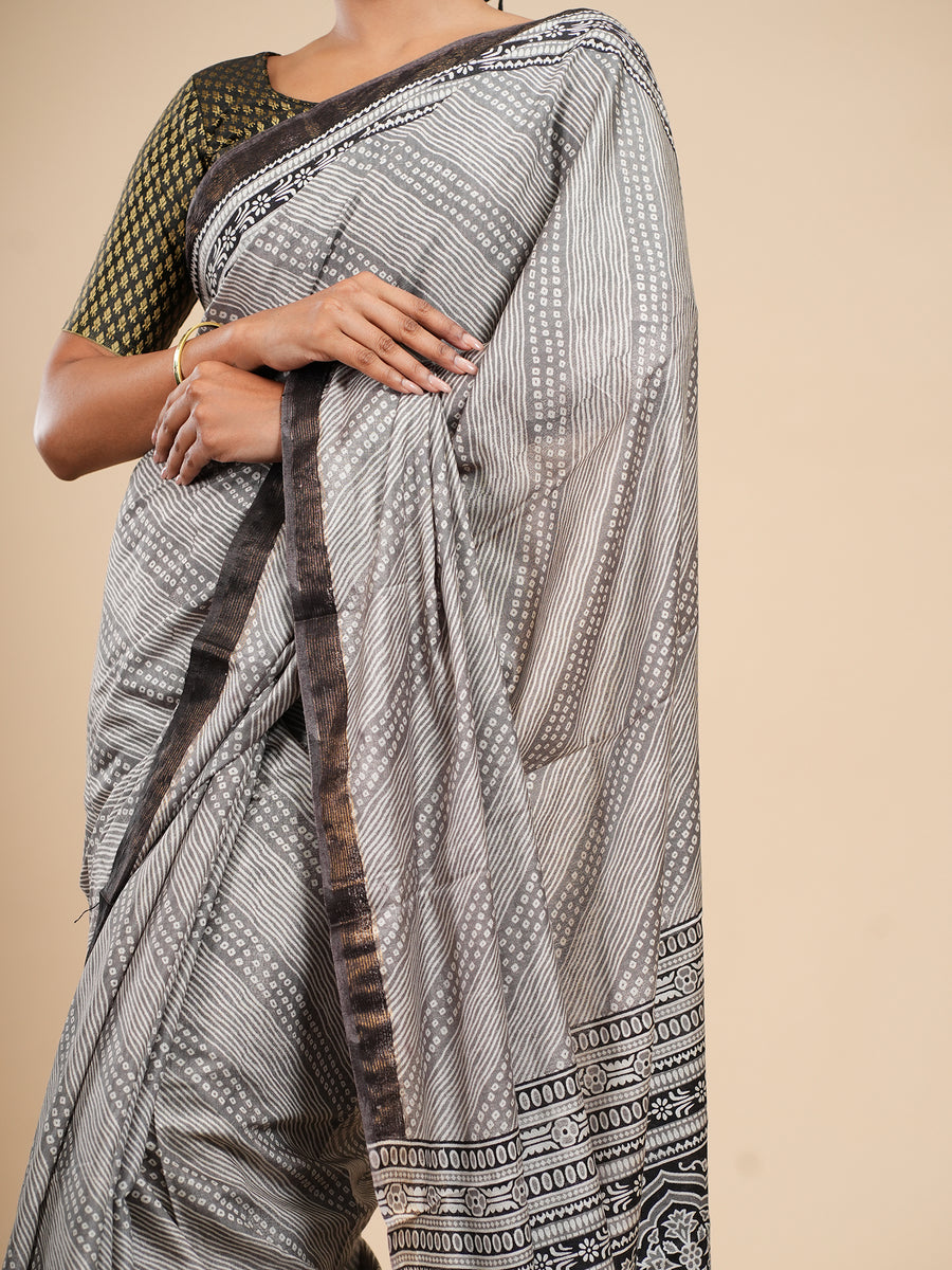 Silver grey Modal Bandhni-print saree, fabric texture close-up – Koshnika